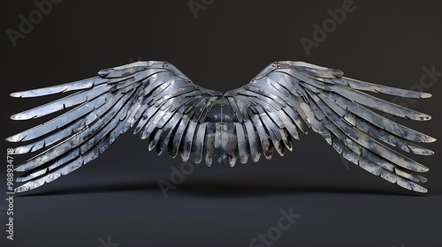 Metallic angel wings with a weathered look against a dark grey backdrop.  The wings are crafted with intricate detail, emphasizing their power and symbolism. photo