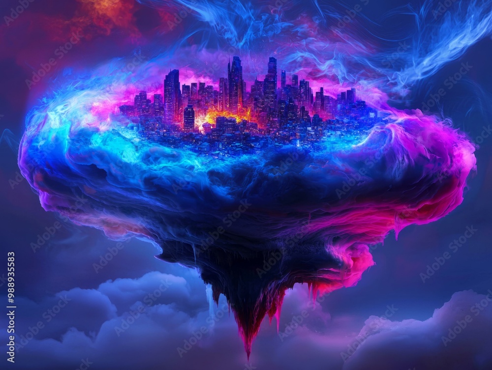 Obraz premium Floating futuristic city with vibrant colors and surreal clouds.