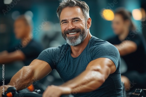 Happy mature man working out on rowing machine while having exercise class with coach in gym, Generative AI