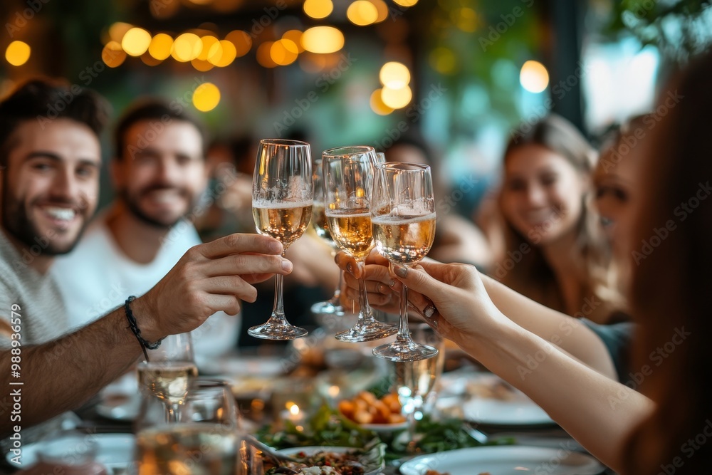 Young happy friends having fun while toasting during lunch in restaurant, Generative AI Young happy friends having fun while toasting during lunch in restaurant, Generative AI