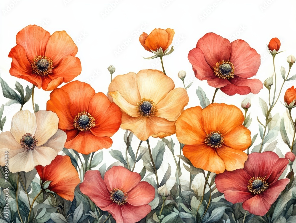 custom made wallpaper toronto digitalColorful poppy flowers, vibrant hues, white isolated background.