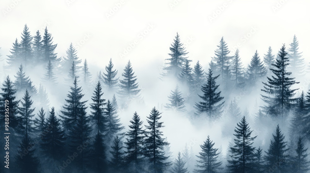 Mystical Foggy Spruce Forest in Minimal Vector Style with Space for Design, Zoomed-In View Mystical Foggy Spruce Forest in Minimal Vector Style with Space for Design, Zoomed-In View