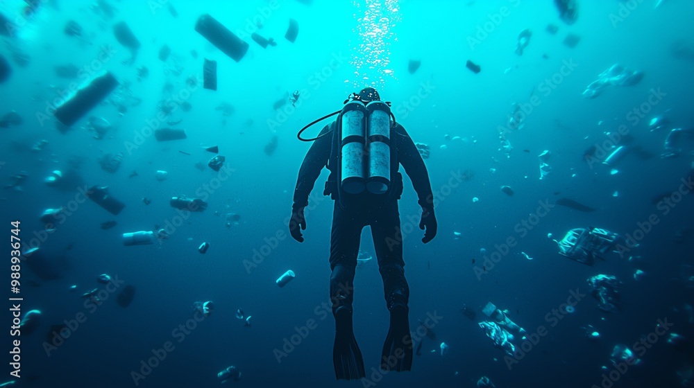Clean ocean initiative, divers collecting waste, 3D illustration Clean ocean initiative, divers collecting waste, 3D illustration
