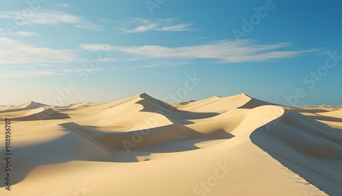 Tranquil golden sand dunes under a clear blue sky, showcasing gentle curves and warm tones that evoke a sense of peace and serenity photo