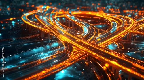 Aerial top view of smart modern transportation with Expressway, Road and Roundabout, busy highway traffic night time. Communication network and traffic light on highway .Concept of smart city network,