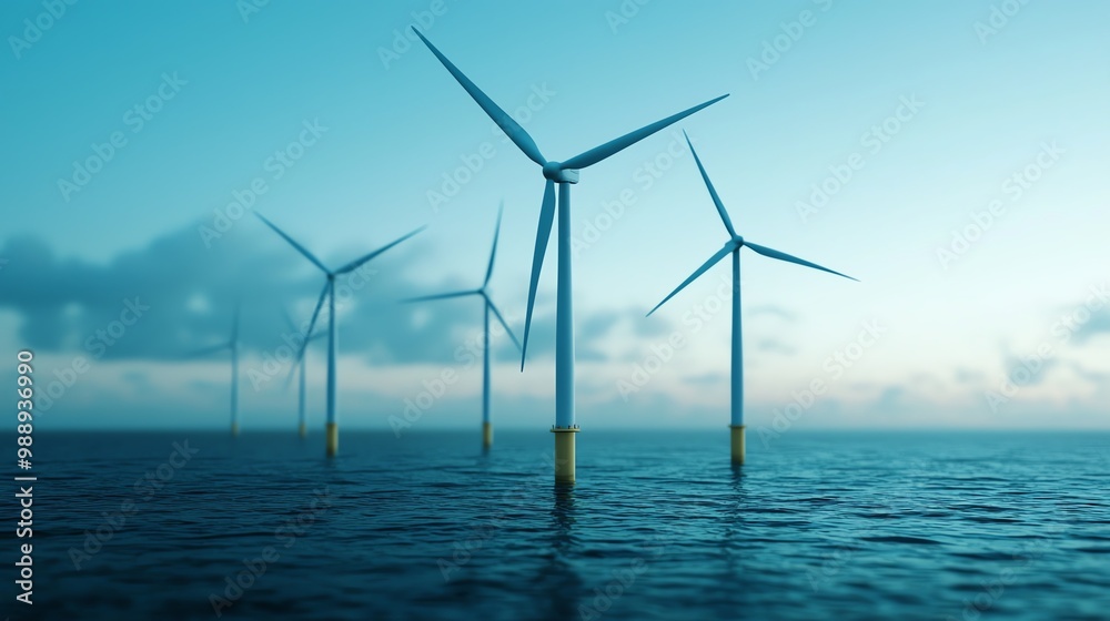Offshore wind farm, turbines in the ocean, 3D illustration Offshore wind farm, turbines in the ocean, 3D illustration