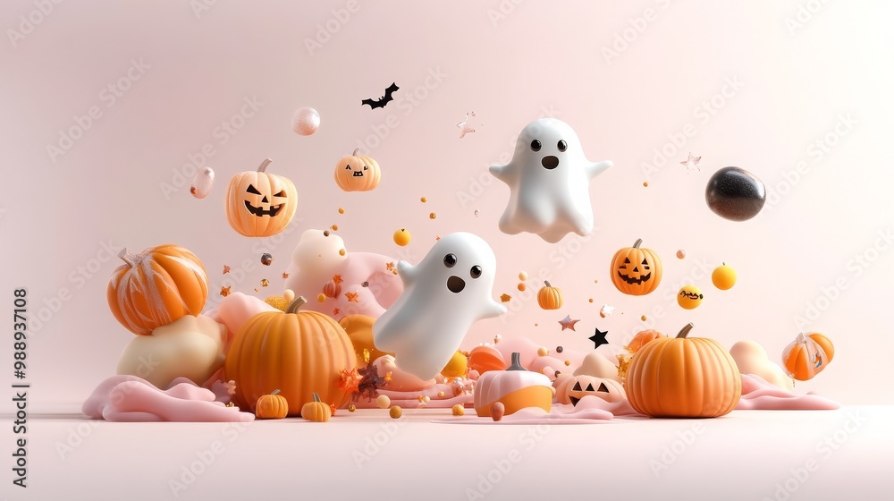 Halloween Pumpkins and Ghosts D Rendering Halloween Pumpkins and Ghosts D Rendering