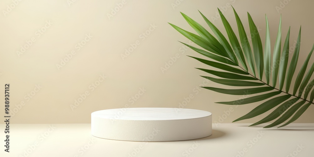 White Podium with Palm Leaf on Minimal Background White Podium with Palm Leaf on Minimal Background