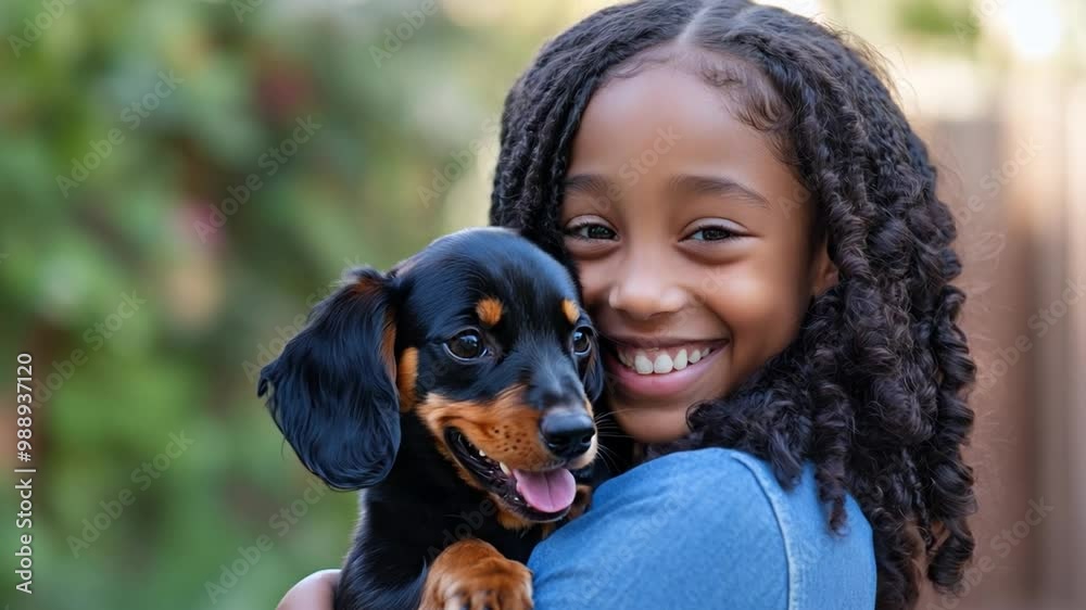 A young black girl joyfully holds her smiling dachshund puppy in a sunny backyard, showcasing their playful bond and happiness together A young black girl joyfully holds her smiling dachshund puppy in a sunny backyard, showcasing their playful bond and happiness together