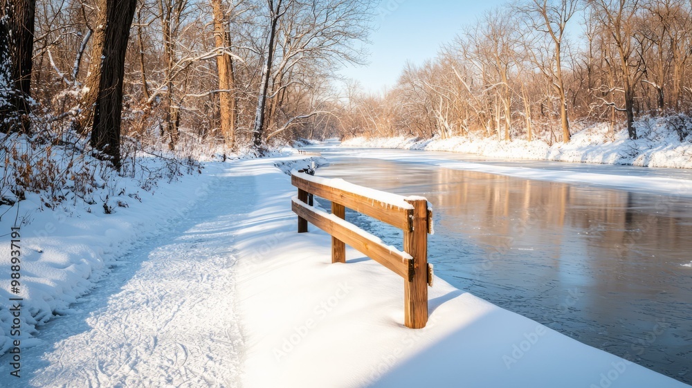 Snowy landscape with tranquil river and wooden fence on a bright winter day. Snowy landscape with tranquil river and wooden fence on a bright winter day.