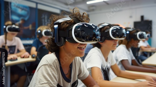 Virtual classroom scene with students using VR headsets for immersive learning