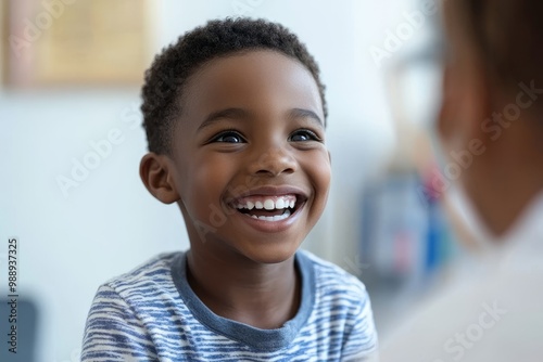 Happy black kid during medical examination at doctor's office, Generative AI