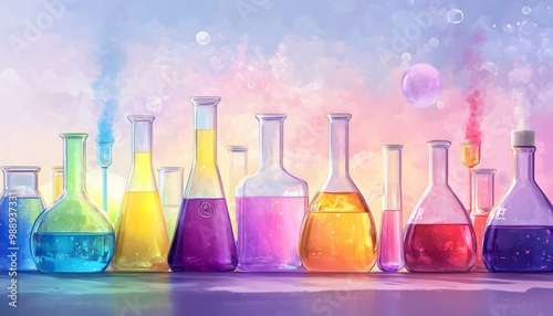 Beakers and glass flasks neatly lined up and filled with colorful liquids