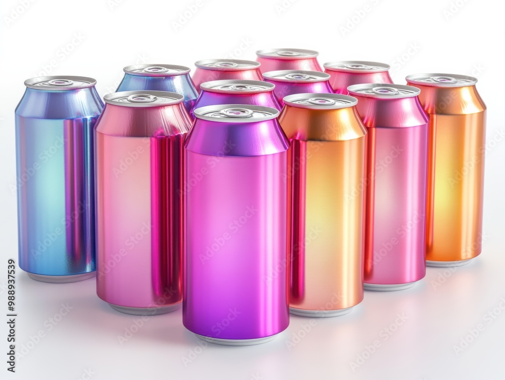 Colorful soda cans arranged on a white isolated background.