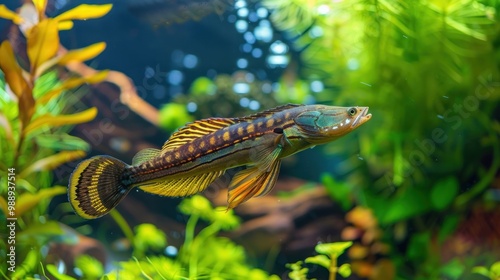 The exotic snakehead fish with the Channa Barca species swimming in an aquarium. AI generated photo