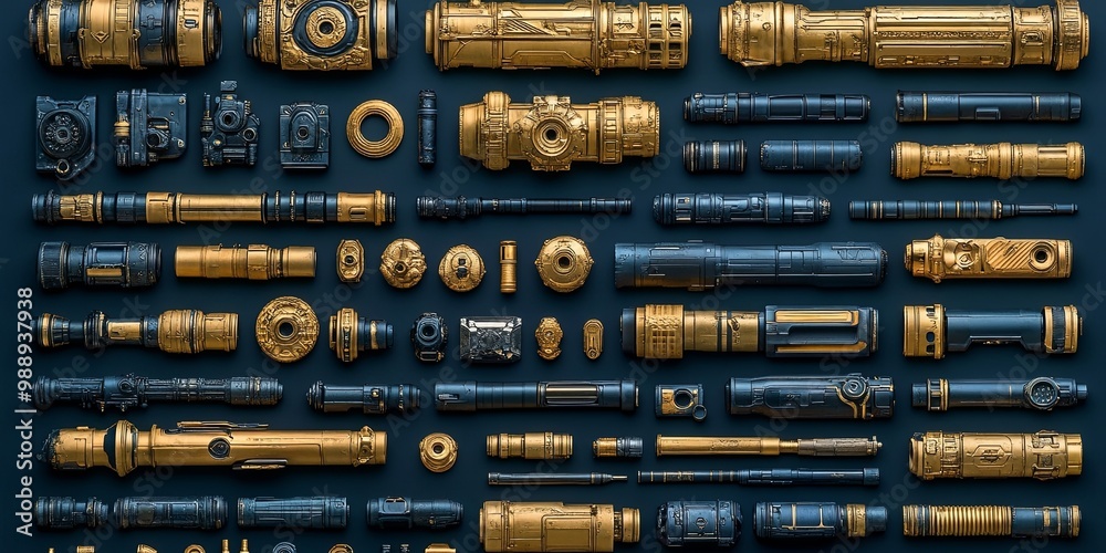 A stylized arrangement of metallic objects with intricate details, showcasing a fusion of golden and navy blue hues, creating a captivating visual narrative of intricate design and metallic beauty. A stylized arrangement of metallic objects with intricate details, showcasing a fusion of golden and navy blue hues, creating a captivating visual narrative of intricate design and metallic beauty.