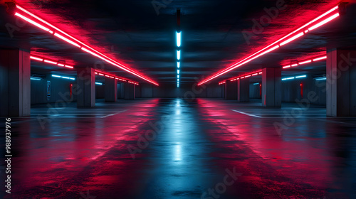 Neon Lights in a Concrete Parking Garage 3D Illustration