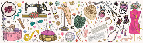 Hand drawn sketch handmade set isolated on background. Sewing, jewelry, knitting, embroidery, dolls, dressmaking, home decor elements. Vector illustration