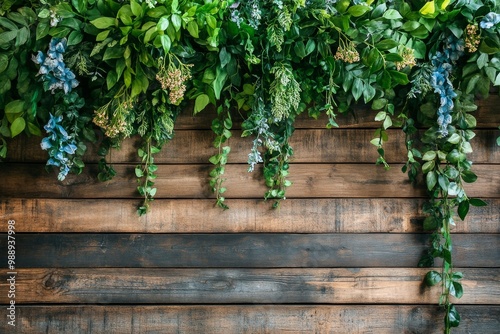 Rustic wooden backdrop adorned with lush green plants and vibrant flowers photo