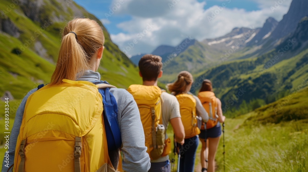 A group of people with backpacks walking down a mountain, AI A group of people with backpacks walking down a mountain, AI