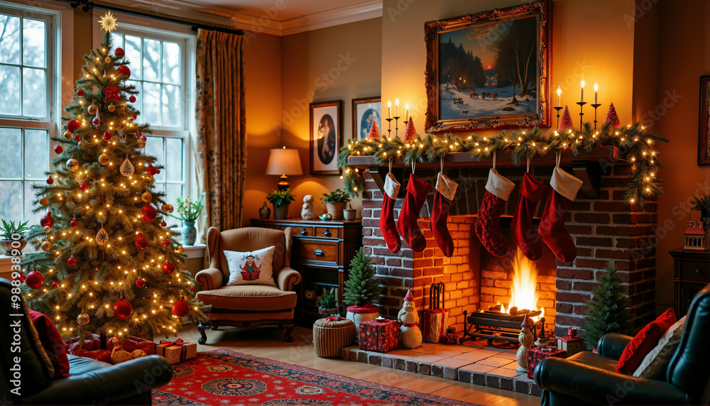 Fototapeta premium Cozy living room decorated for Christmas with a tree, stockings on the fireplace, and candles glowing warmly. Festive atmosphere perfect for holiday celebrations and seasonal joy. 
