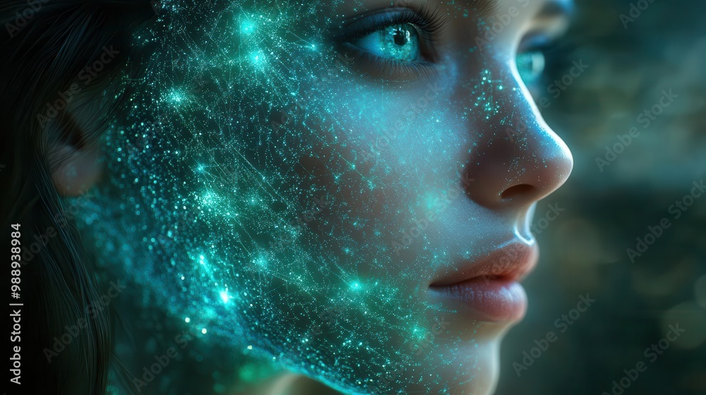ai face composed of glowing blue circuitry ethereal green energy streams futuristic portrait depth of field ai face composed of glowing blue circuitry ethereal green energy streams futuristic portrait depth of field
