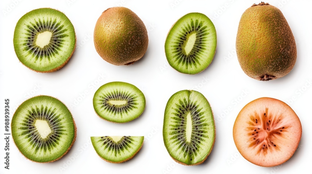Fototapeta premium Fresh kiwi fruits sliced to showcase vibrant green flesh, perfect for healthy recipes and smoothie ingredients.