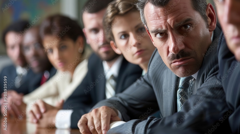 Group of business professionals in a serious corporate meeting, making high-stakes decisions, detailed facial expressions Group of business professionals in a serious corporate meeting, making high-stakes decisions, detailed facial expressions