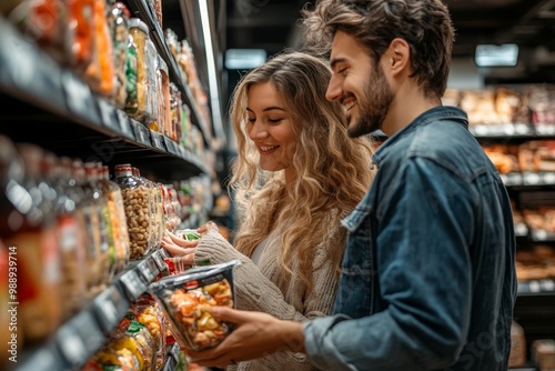 Wallpaper Mural Young happy couple buying groceries in supermarket, Generative AI Torontodigital.ca