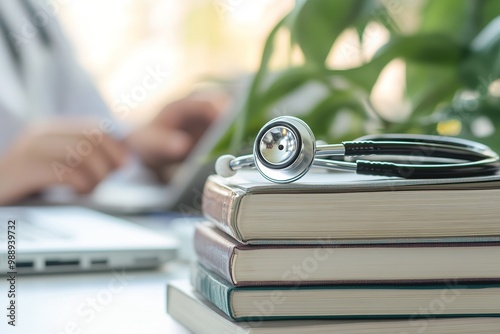 Stethoscope resting on medical books with a healthcare professional working in the background, symbolizing medical education and research