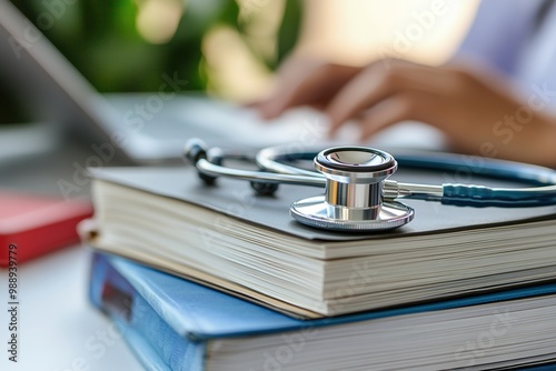 Stethoscope resting on medical books with a healthcare professional working in the background, symbolizing medical education and research