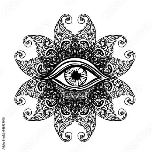 All seeing eye in ornate round mandala pattern. Mystic, alchemy, occult conce...