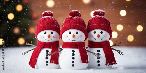 A trio of snowmen wearing red hats and scarves.