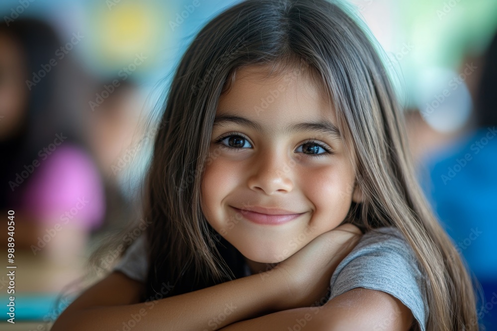 Happy Hispanic girl learning during class at elementary school and looking at camera, Generative AI Happy Hispanic girl learning during class at elementary school and looking at camera, Generative AI