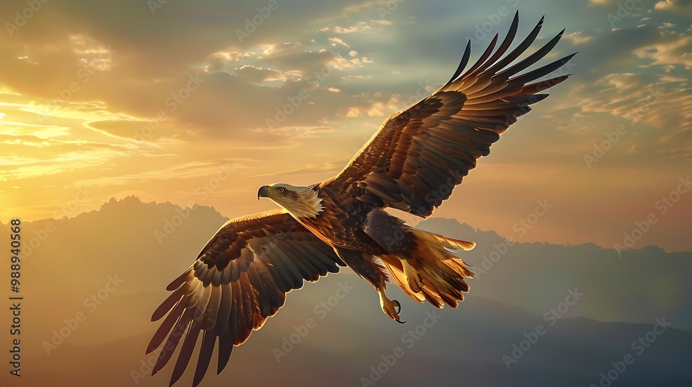 Fototapeta premium Majestic eagle soars through the golden sky at sunset, with its powerful wings spread wide.