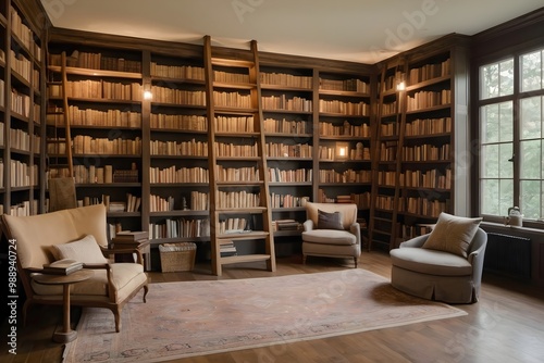 Library room with tall bookshelves filled with old books, wooden ladders, and a cozy reading nook