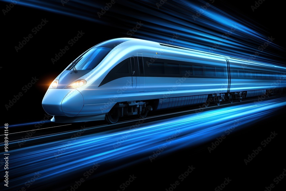 Fototapeta premium Futuristic high-speed train in motion, blue light trails on black background.