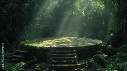 Fototapeta Naklejka Na Ścianę i Meble -  ancient wooden pedestal emerging from lush jungle foliage dappled sunlight filtering through canopy mosscovered stone steps lead to the mystical platform perfect for showcasing treasures