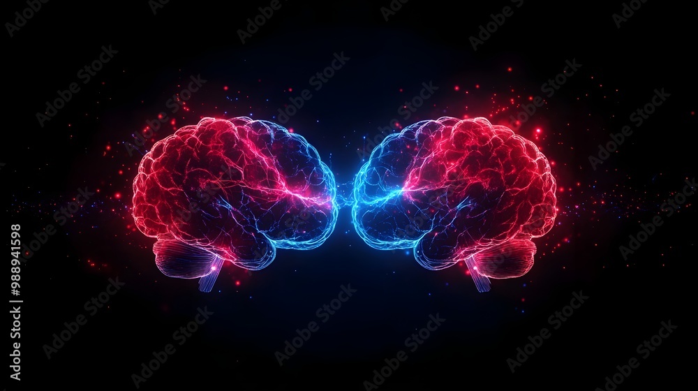 Neural brain patterns radiating between a couple, holographic glow, psychedelic hues, representing intellectual synergy, vibrant, futuristic style, neon lighting Neural brain patterns radiating between a couple, holographic glow, psychedelic hues, representing intellectual synergy, vibrant, futuristic style, neon lighting
