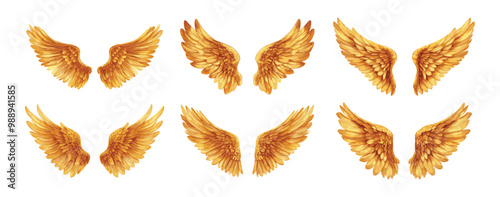 Angel gold wings cartoon vector set. Feathers seraphim plumage celestial plume cherubim quilled divine soar yellow flying sacred religious holy heavenly mythical symbol isolated on white background
