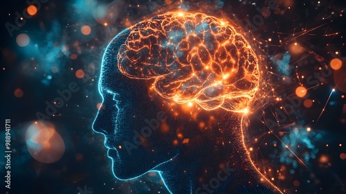 Neural connections glowing around the brain, deep thinking person with synapses firing, dopamine reuptake visualized as light waves, cyberpunk, hologram effect, high detail photo