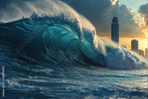 Tsunami threat: colossal wave looming over city skyline.Witness the breathtaking moment as a colossal tsunami wave rises ominously above the skyline of a bustling metropolis. generative AI photo