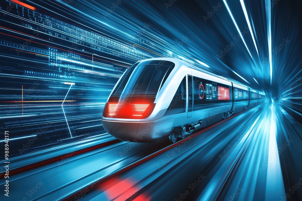 Futuristic train in motion, dynamic speed, blue light trails, isolated background. Futuristic train in motion, dynamic speed, blue light trails, isolated background.