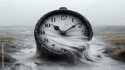 A black and white clock face melting and stretching over an abstract landscape, with time bending and warping, detailed textures on the clock and background, soft gradients and strong contrasts. photo