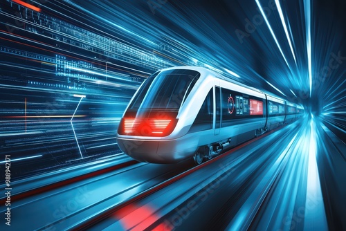 Futuristic train in motion, dynamic speed, blue light trails, isolated background.