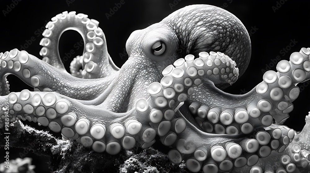 Obraz premium A black and white close-up of octopus tentacles wrapping around a coral branch, intricate detailing on the suction cups, symbolizing strength and flexibility, high contrast shading.