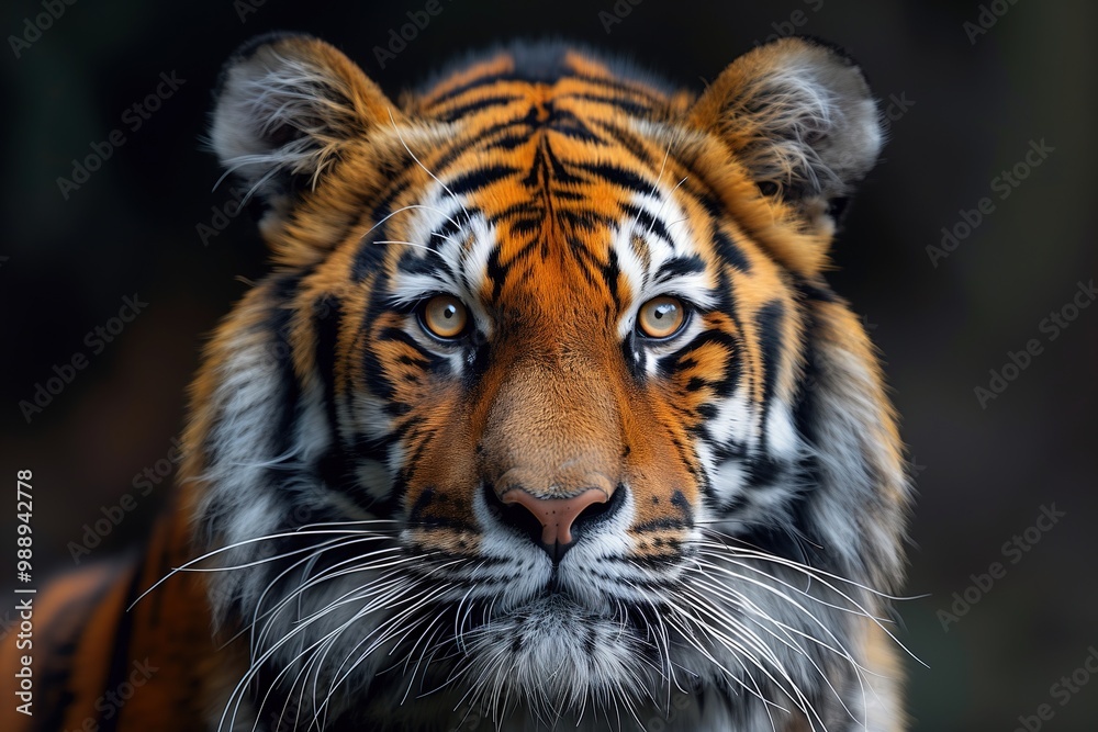Fototapeta premium Tiger with piercing gaze, close up. Majestic predator exudes confidence and intensity. Rare endangered species highlights importance of wildlife conservation. Concept of biodiversity preservation