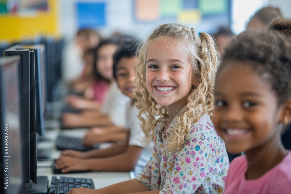 Obraz premium Multiracial group of elementary students having computer class with their teacher in classroom, Generative AI
