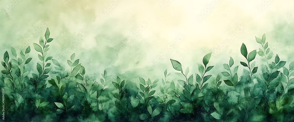 Watercolor painting of green foliage with a light background. Watercolor painting of green foliage with a light background.