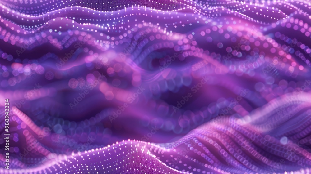Abstract purple and pink digital waves with light particles. Artwork of ...
